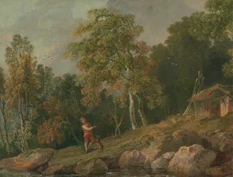 Paysage boisé avec un garçon et son chien