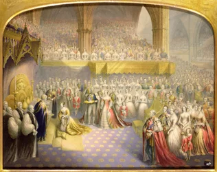 Sa Très Gracieuse Majesté la Reine Victoria (1819-1901) recevant le sacrement lors de son couronnement, le 28 juin 1838