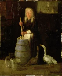 Femme barattant du beurre
