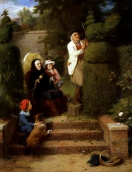 In the Garden. Dans le jardin : une grand mere (grand-mere) et ses deux petits enfants regardent leur grand pere (grnd-pere) tailler un buisson en forme d