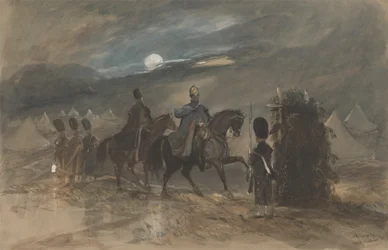 Camp à Chobham, 1853 avec officiers et sentinelle
