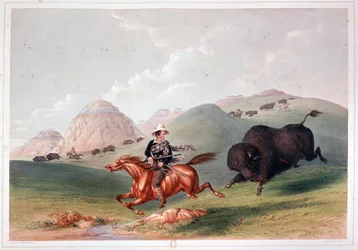 Chasse au bison en Amérique du Nord - lithographie par Georges Catlin