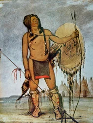 Guerrier comanche avec un bouclier, une lance, un arc et des flèches, vers 1835