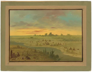 Campement des Indiens Pawnee au coucher du soleil