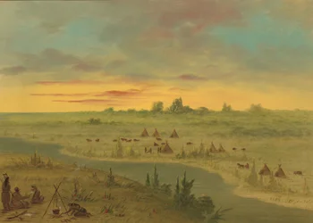 Campement des Indiens Pawnee au coucher du soleil, 1861-1869