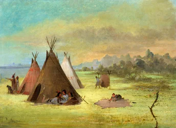 Campement indien, Comanche (ou Kiowa) habillant des peaux, rivière Rouge