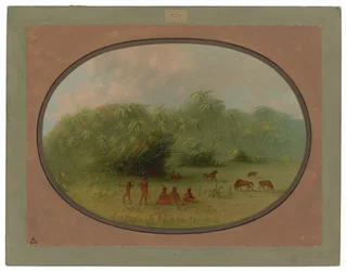 Indiens et chevaux dans la forêt