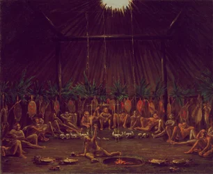 Vue intérieure du Medicine Lodge, cérémonie de Mandan O-kee-pa