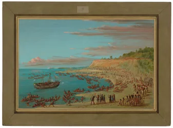 Le Griffin entrant dans le port de Mackinaw. 27 août 1679