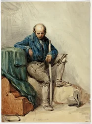 Homme chauve assis sur des objets (recto) ; Dame en robe jaune (verso)