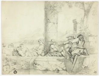 Enfants, femme avec nourrisson et trois soldats assis parmi des ruines au bord d