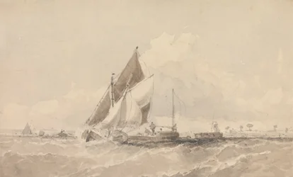 Barges et bateaux à voile dans une mer agitée