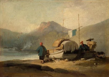 Scène chinoise, bateaux au bord du lac