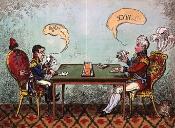 Une partie de cribbage ou le dernier mélange de Boney par George Cruikshank, 6 juin 1814 (gravure)