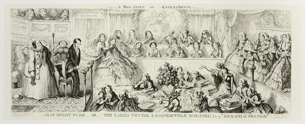 As It Ought to Be ou The Ladies Trying a Contemptible Scoundrel for a "Breach of Promise" tiré des gravures sur acier de George Cruikshank pour The Comic Almanacks : 1835-1853