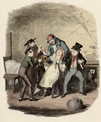Fagin, Charley Bates, Kikes et Dawkins réanimant Nancy - M. Fagin et son élève réanimant Nancy - Illustration pour « Oliver Twist » (Les Aventures d