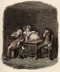 Fagin faisant affaire avec Morris Bolter, alias Noé Claypole, et Charlotte - Le Juif et Morris Bolter commencent à se comprendre - Illustration pour "Oliver Twist" (Les Aventures d