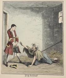 Jack Sheppard rend visite à sa mère à Bedlam, illustration de Jack Sheppard : Une romance par William Harrison Ainsworth, publié 1839 (eau-forte en couleur)