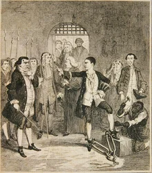 Les fers de Jack Sheppard enlevés dans la salle de pierre à Newgate, illustration de 