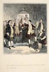 Les fers de Jack Sheppard retirés dans la salle de pierre à Newgate, illustration de Jack Sheppard : Un roman de William Harrison Ainsworth, publié en 1839