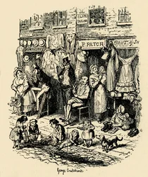 Monmouth Street, Soho, illustration de G. Cruikshank pour Sketches by Boz de Dickens, 1938