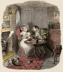 Monsieur Bumble et Madame Corney prenant le thé - Illustration pour « Oliver Twist » de Charles Dickens, par George Cruikshank