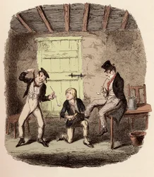 Oliver cire les chaussures du Renard pendant que Charley Bates explique les dangers de la pendaison - Illustration pour « Oliver Twist » de Charles Dickens, par George Cruikshank