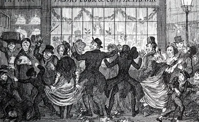 Gamins des rues causant des ravages dans la foule devant une confiserie et une pâtisserie lors de la Nuit des Rois
