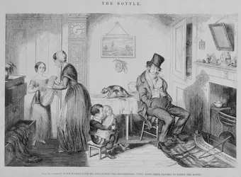 La Bouteille, Planche II, Il est renvoyé de son emploi pour ivresse : ils mettent leurs vêtements en gage pour fournir la bouteille, 1847