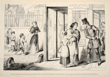 Incapables de trouver un emploi, ils sont poussés par la pauvreté à mendier dans les rues, et de cette manière ils continuent à fournir la bouteille. Planche IV de 
