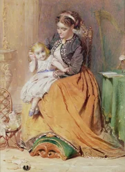 Tic, tic, tic - une fille assise sur les genoux de sa mère écoutant sa montre en or, 1867