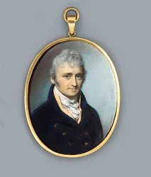 M. Uthoff, en manteau bleu avec boutons dorés, gilet couleur buff et cravate nouée, cheveux bouclés poudrés, 1805