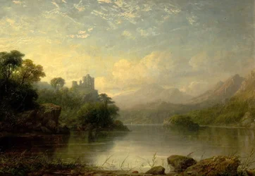 Scène de lac avec château en ruine et montagnes, 19ème siècle