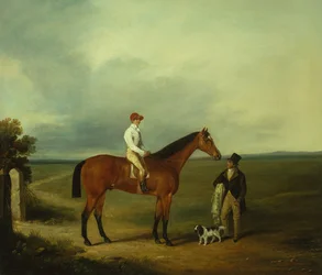 Un cheval de course avec un jockey, un entraîneur et un épagneul (huile sur toile)