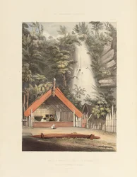 Maison de Hiwikau, Mère de Heuneu, et Chutes de Ko Waihi, à Te Rapa, planche 21 de "Les Néo-Zélandais Illustrés", 1847