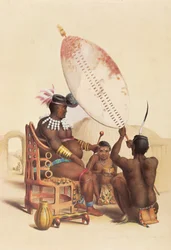 Mpande, le roi zoulou, entouré de ses guerriers