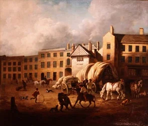 Scène de ville du XVIIIe siècle avec des figures et des chevaux dans une cour