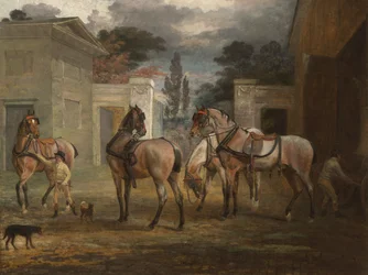 Quatre chevaux de carrosse rouans avec deux palefreniers, 1792