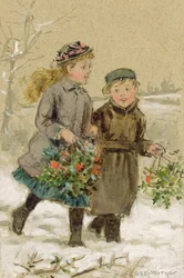 Enfants jouant dans la neige - Collecte de houx