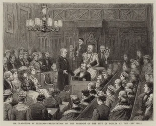 M. Gladstone en Irlande, présentation de la liberté de la ville de Dublin à l