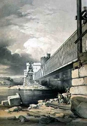Pont tubulaire de Conway, avec les préparatifs pour lever le deuxième tube, publié en 1849