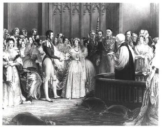 Mariage de la reine Victoria (1819-1901) et du prince Albert (1819-61) au palais Saint-James le 10 février 1840, gravé par Charles Eden Wagstaff, 1840