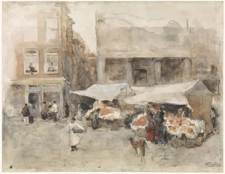 Marché avec étals de fleurs