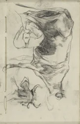 Fermier trayant et tête de vache