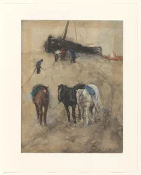 Chevaux sur la plage, en arrière-plan un bateau et des pêcheurs