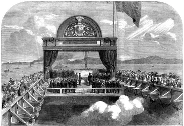 Le prince de Galles posant la dernière pierre du pont Victoria sur le fleuve Saint-Laurent, 1860