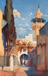Une mosquée dans le bazar de Tunis (lithographie couleur)