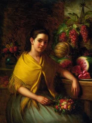 Fille avec nature morte de pastèque et raisins