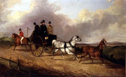 Gentlemen dans une calèche tirée par des chevaux