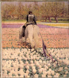 Vaincu. Un cavalier blessé par balle traverse un champ de tulipes après la défaite. Peinture de George Hitchcock (1850-1913), 1898, dimensions 1 x 0,9 m, Paris, musée d